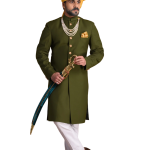 Battle Green Color Maharaja Style Achkan | Regal Ethnic Wear | Jaipurio